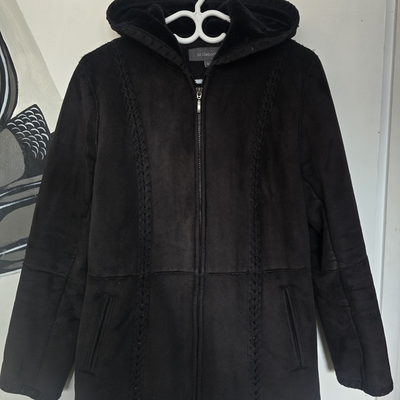 Liz Claiborne Black SUEDE Jacket with Hood - Picture 1 of 3